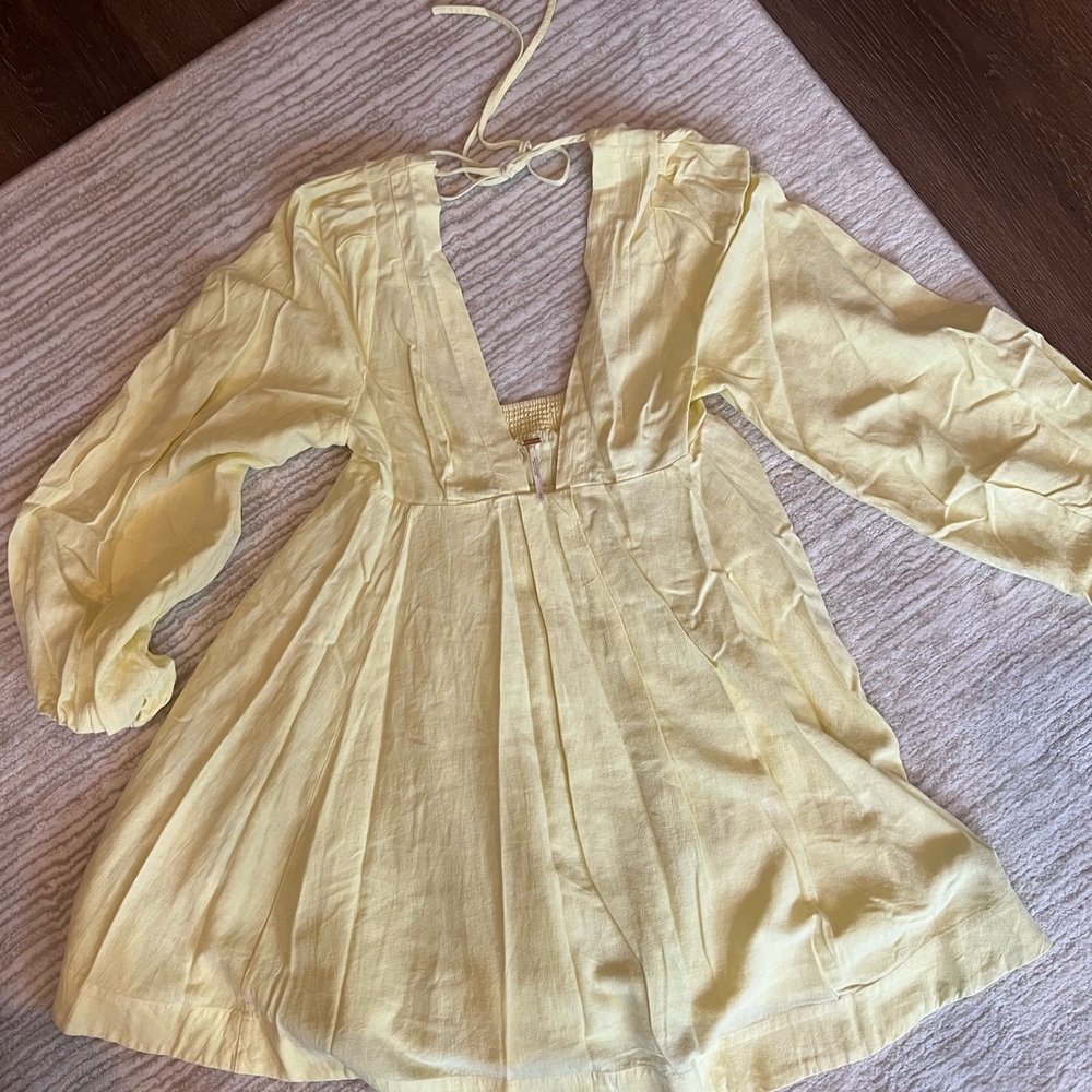 Free People Yellow Mini Sundress with Plunge Neckline